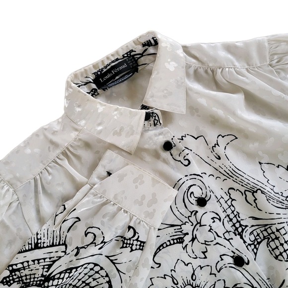 Louis Feraud Blouse Women's Size 4 / EU 38 White Black Baroque Print Button Down - Picture 1 of 7